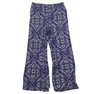 Chicos Sz 8/10 Block Print Palazzo Wide Leg Pants Colorful Elastic Waist Stretch